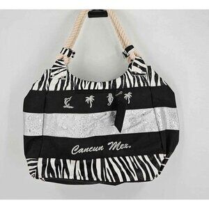 Cancun Mex Black White Animal Print Large Tote w/Doudle Rope Handles 24"×15"